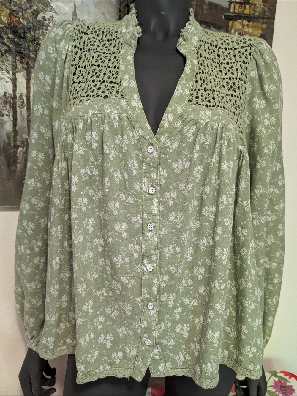 Light Green Floral Crochet-Yoke Button Down Blouse